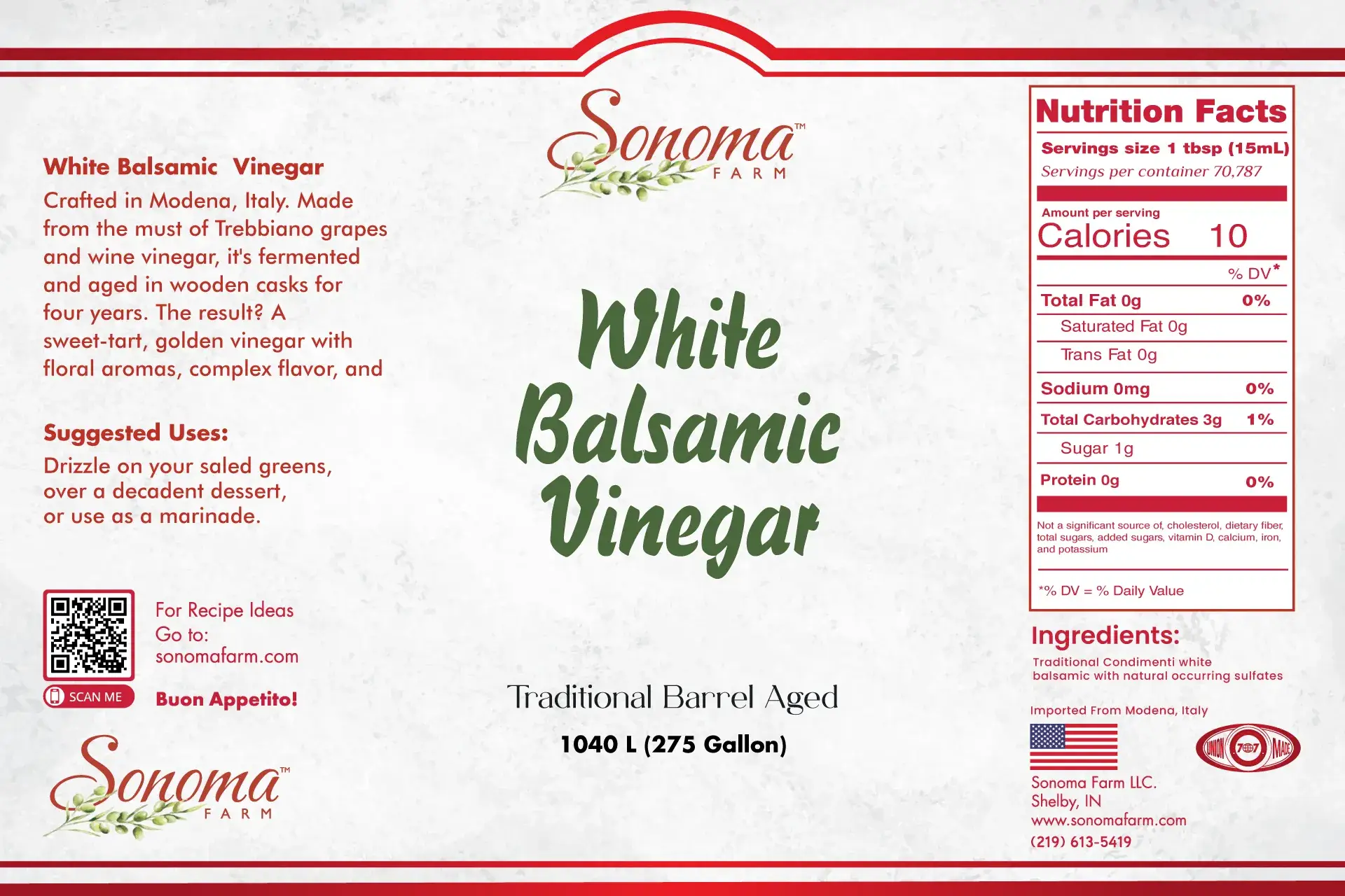 Sonoma Farm Traditional Barrel Aged White Balsamic Vinegar Bulk 275 Gallon Tote Label