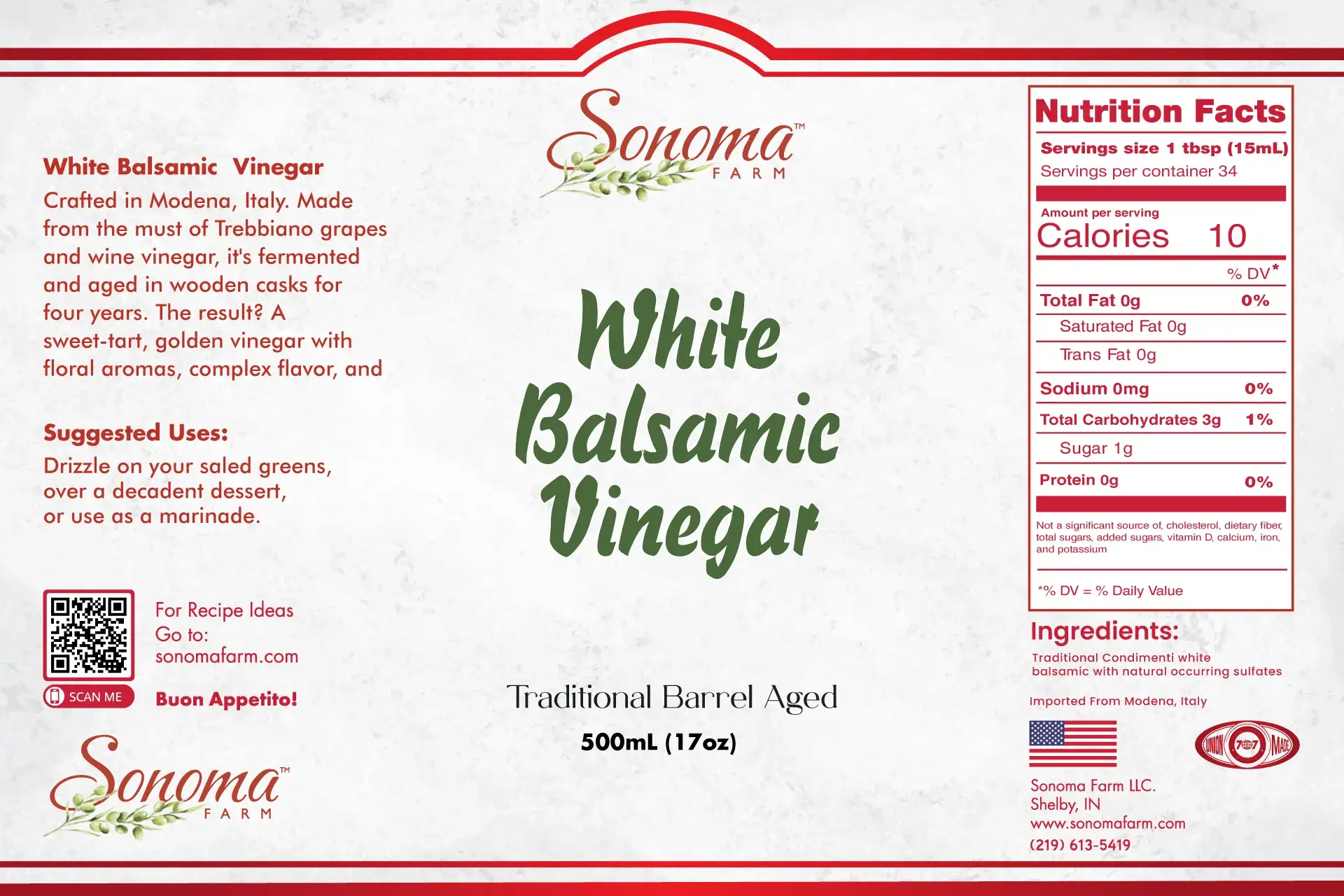 Sonoma Farm Traditional Barrel Aged White Balsamic Vinegar 500ml Bottle Label