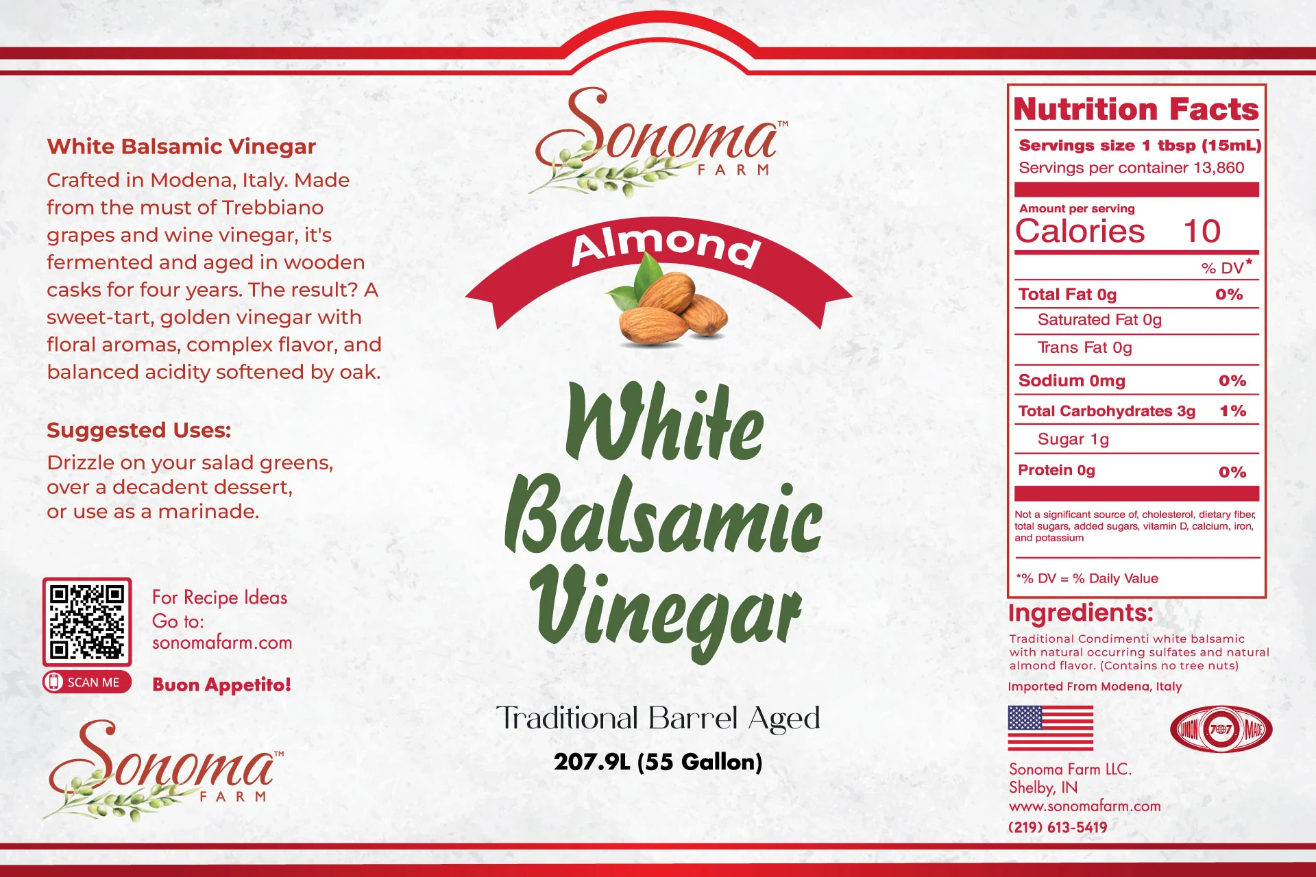 Sonoma Farm Almond Infused White Balsamic Vinegar product label, barrel aged in Modena Italy