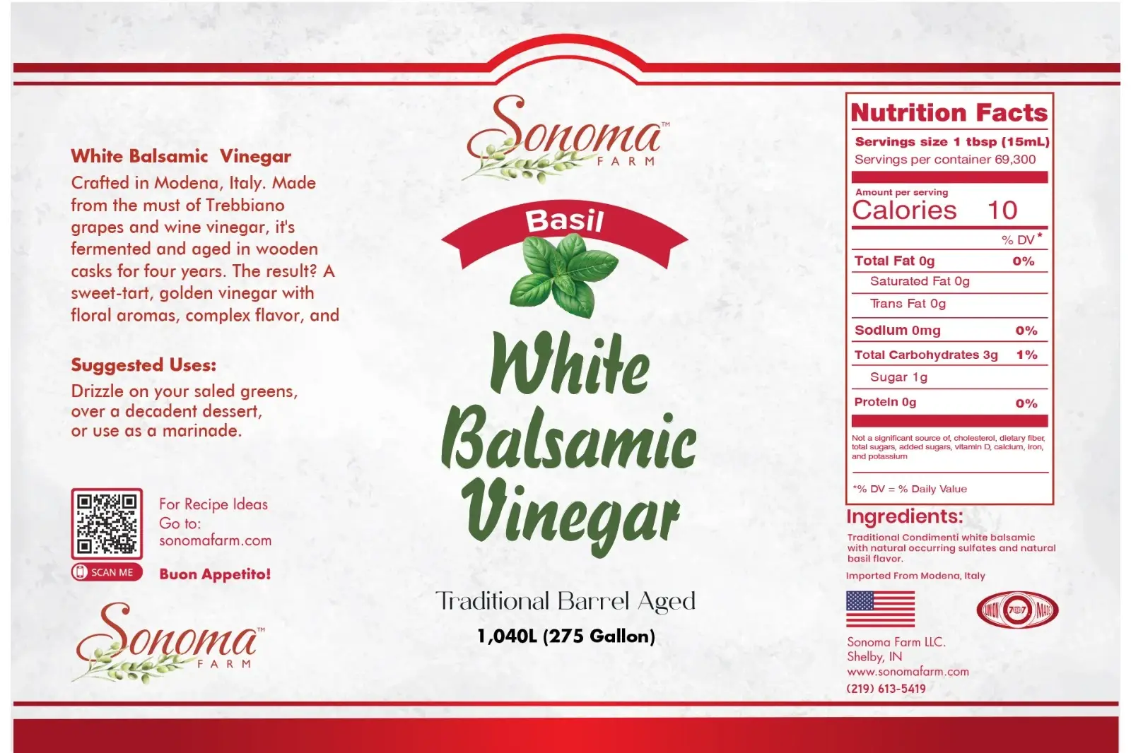 Basil Infused White Balsamic Vinegar Label - Sonoma Farm 1040 Liter