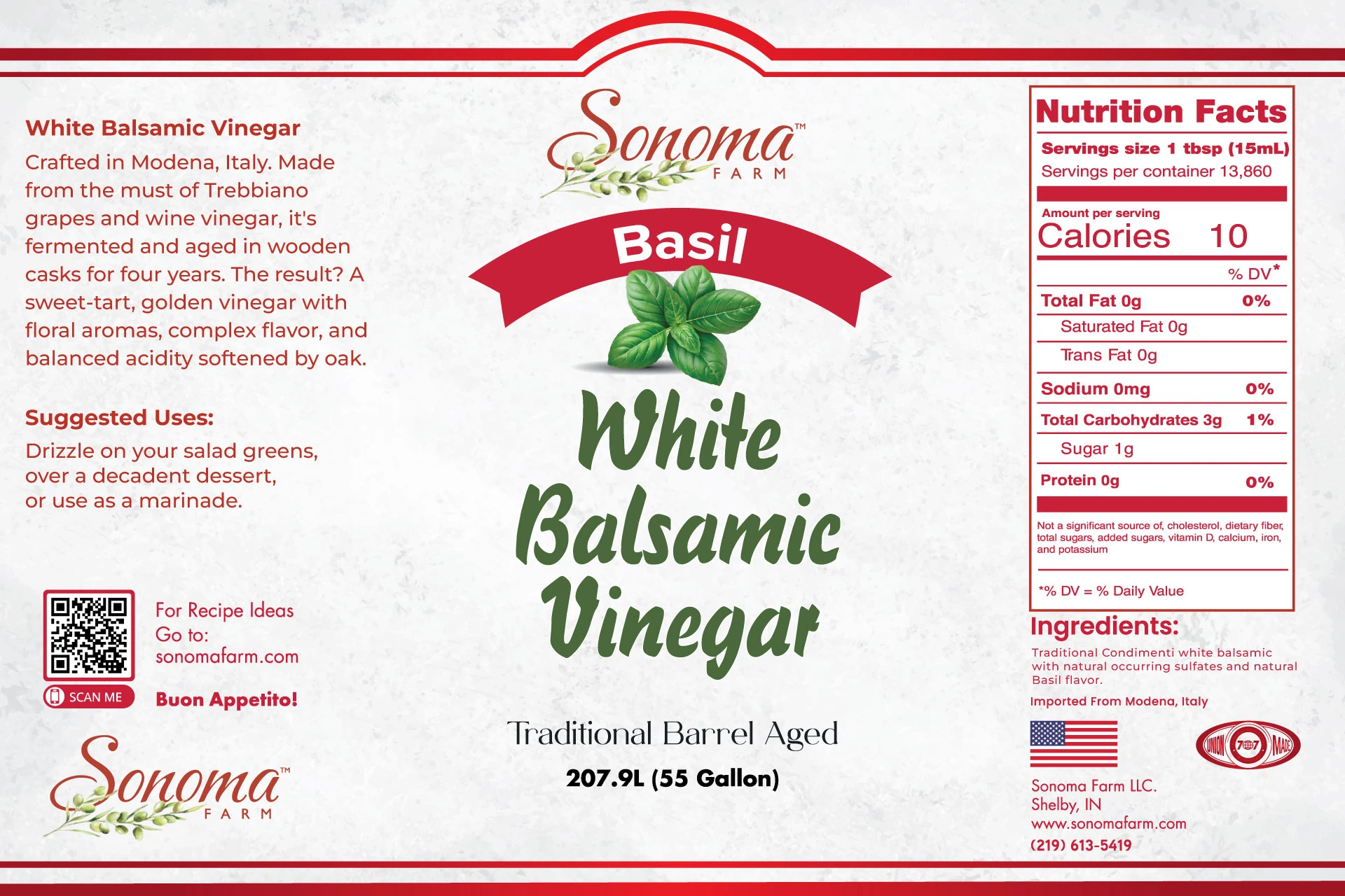 Sonoma Farm Basil Infused White Balsamic Vinegar product label, barrel aged in Modena Italy