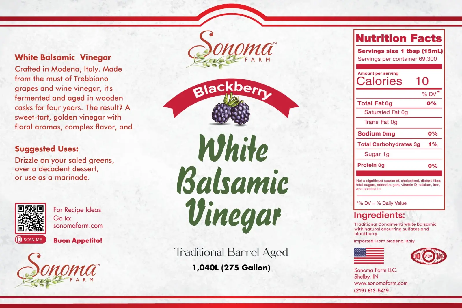 Sonoma Farm Blackberry Infused White Balsamic Vinegar Label
