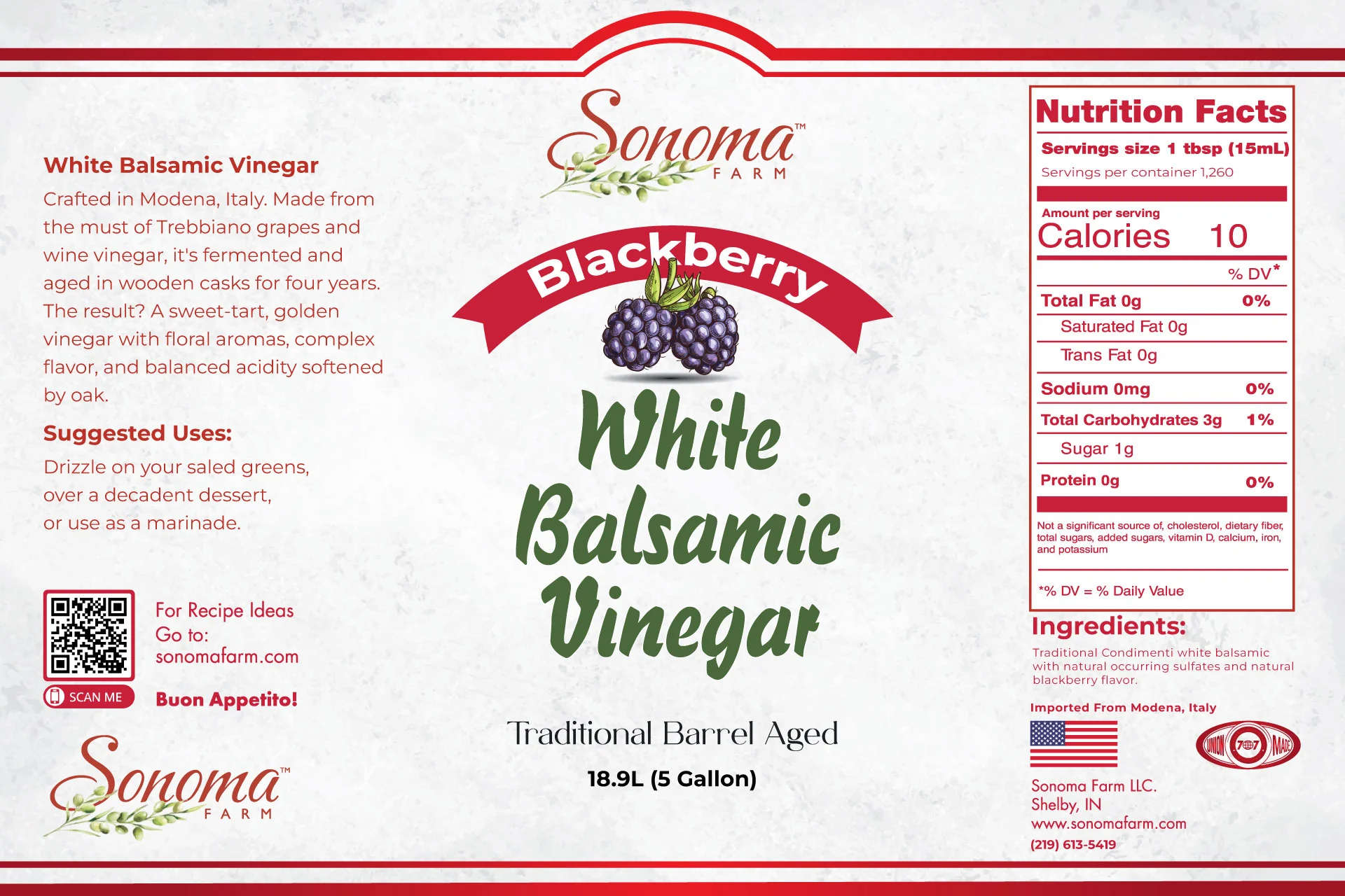 Sonoma Farm Blackberry Infused White Balsamic Vinegar Glaze product label, reduced in Modena Italy