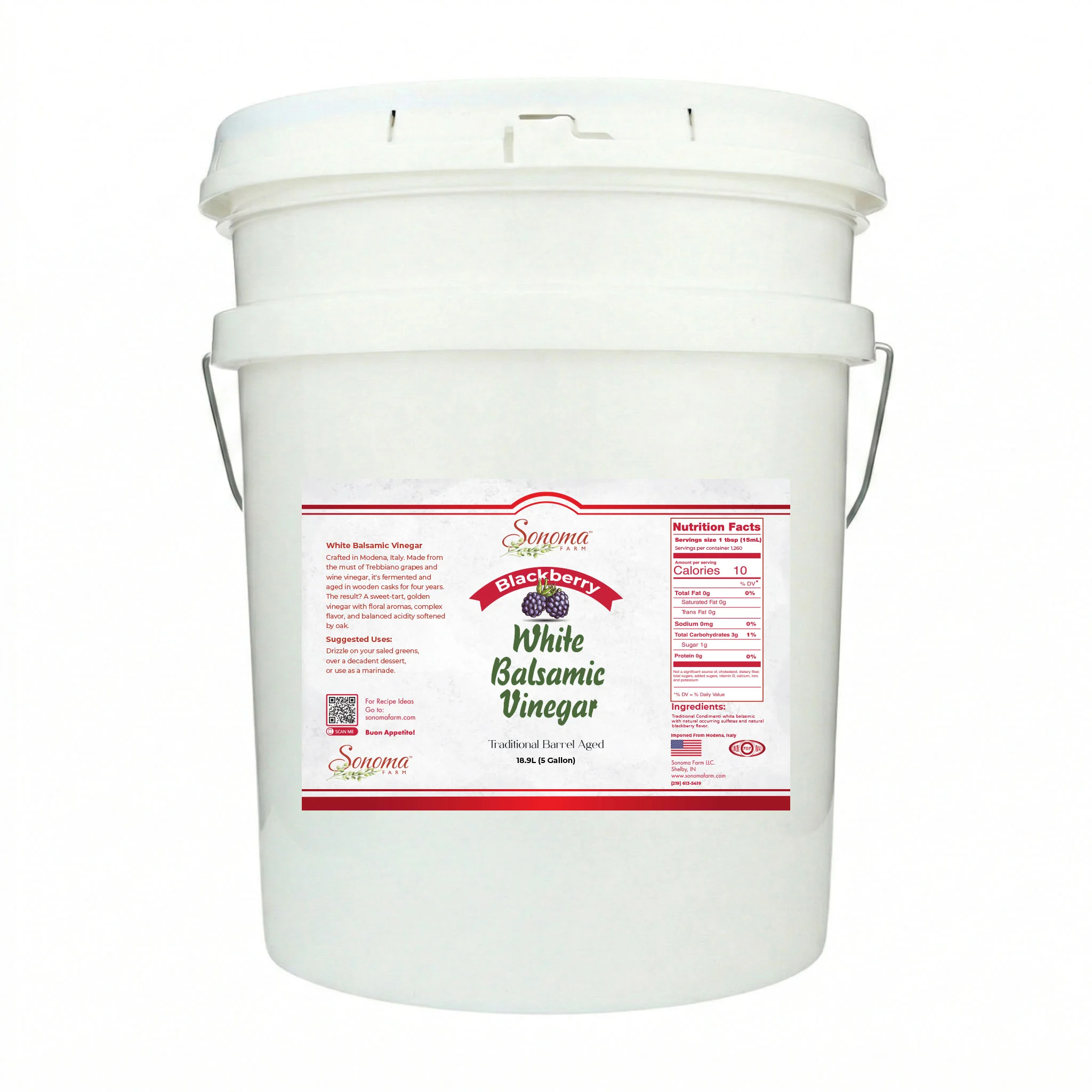 5 gallon container of Blackberry Infused White Balsamic Vinegar Glaze from Sonoma Farm