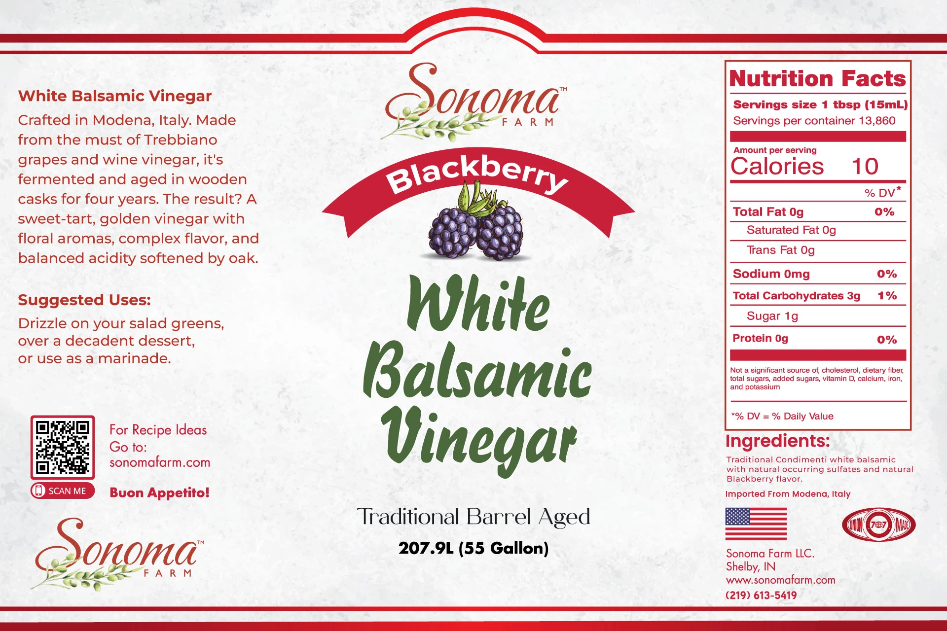 Sonoma Farm Blackberry Infused White Balsamic Vinegar product label, barrel aged in Modena Italy
