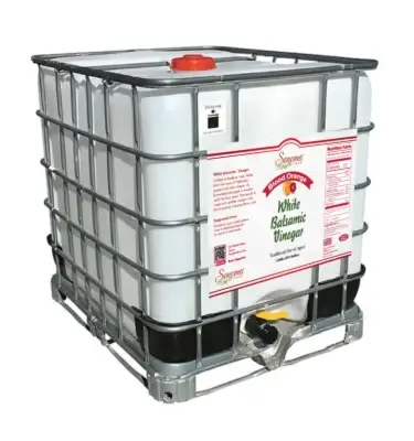 275 gallon industrial tote of Blood Orange Infused White Balsamic Vinegar from Sonoma Farm
