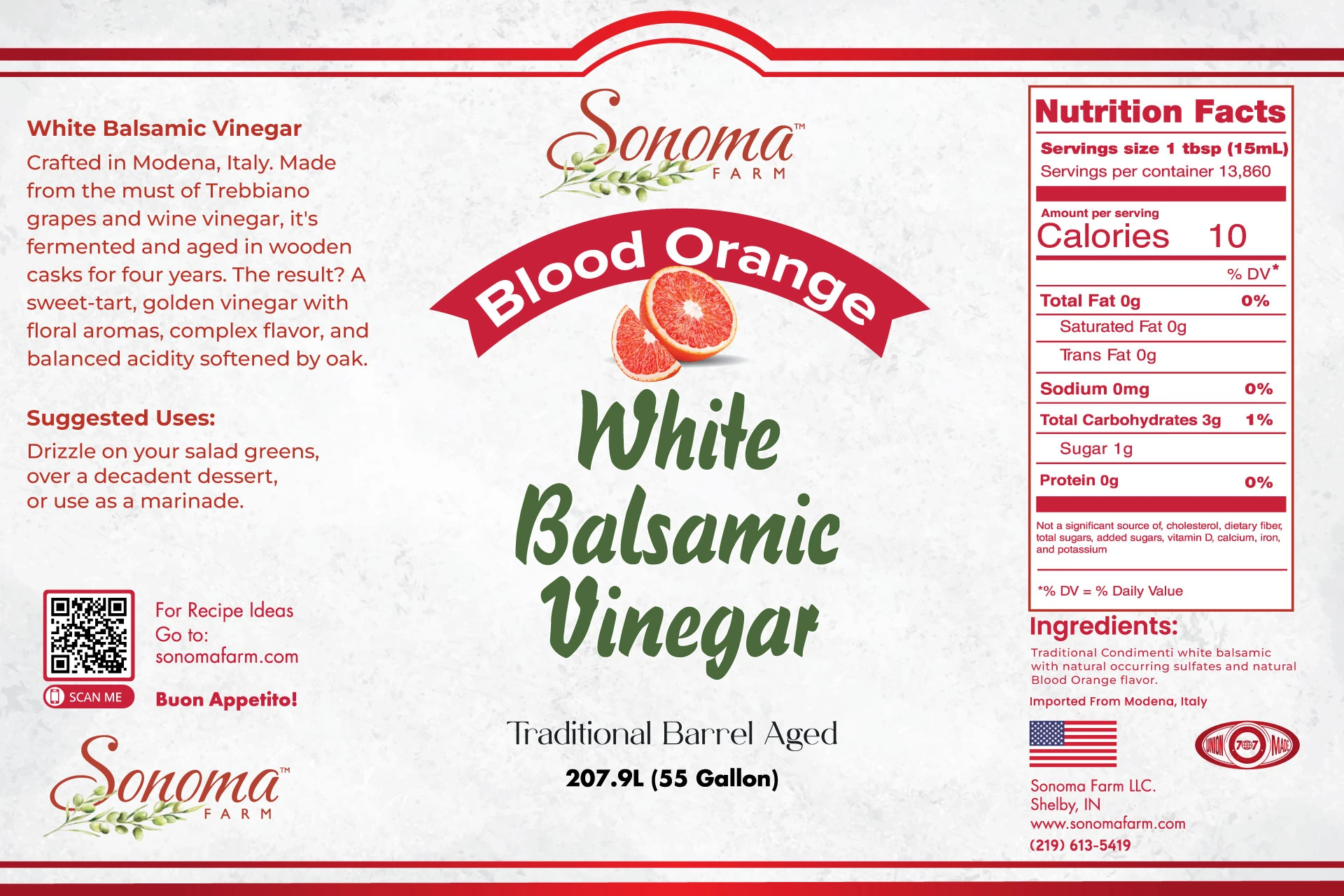 White Balsamic Vinegar | Flavor Infused | <b>Blood Orange</b> | 55 Gallon / 220 Liters
