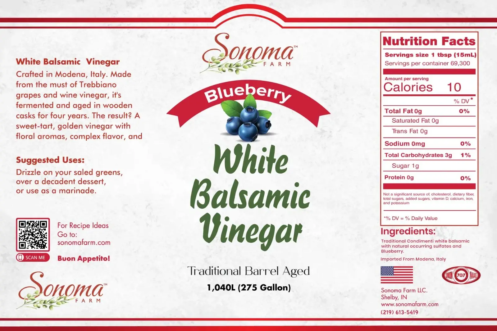 Sonoma Farm Blueberry Infused White Balsamic Vinegar product label, barrel aged in Modena Italy
