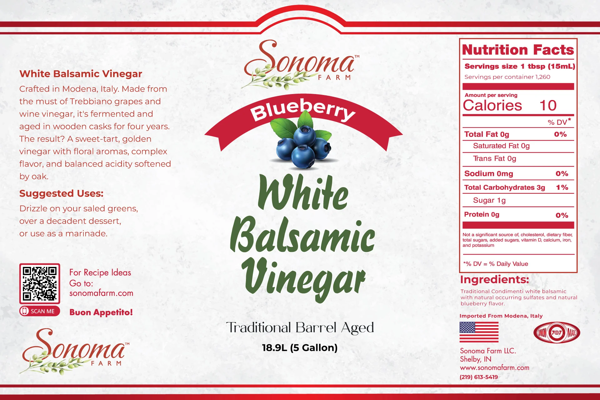Sonoma Farm Blueberry Infused White Balsamic Vinegar Glaze product label, reduced in Modena Italy