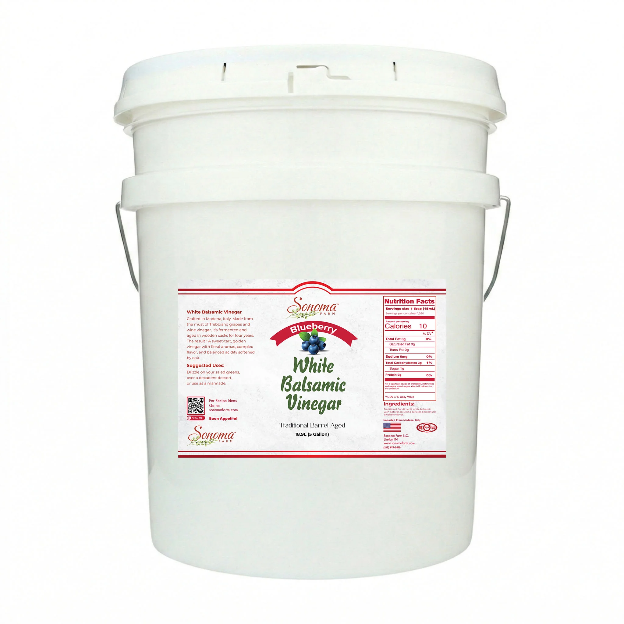 5 gallon container of Blueberry Infused White Balsamic Vinegar Glaze from Sonoma Farm