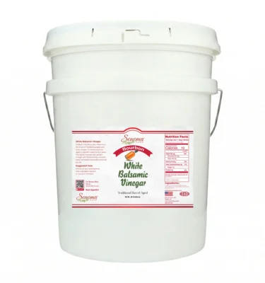 5 gallon container of Bourbon Infused White Balsamic Vinegar Glaze from Sonoma Farm