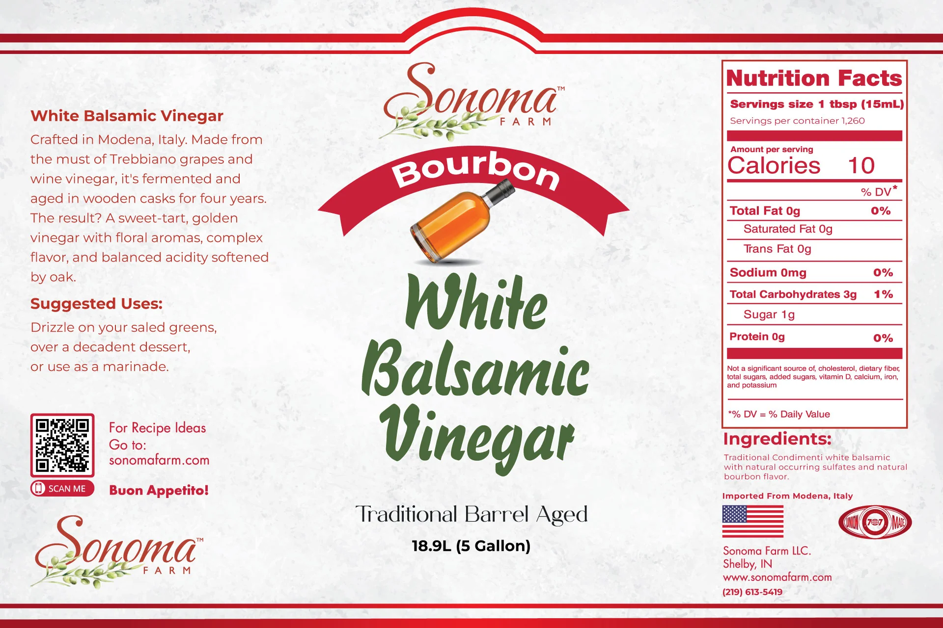 Sonoma Farm Bourbon Infused White Balsamic Vinegar Glaze product label, reduced in Modena Italy