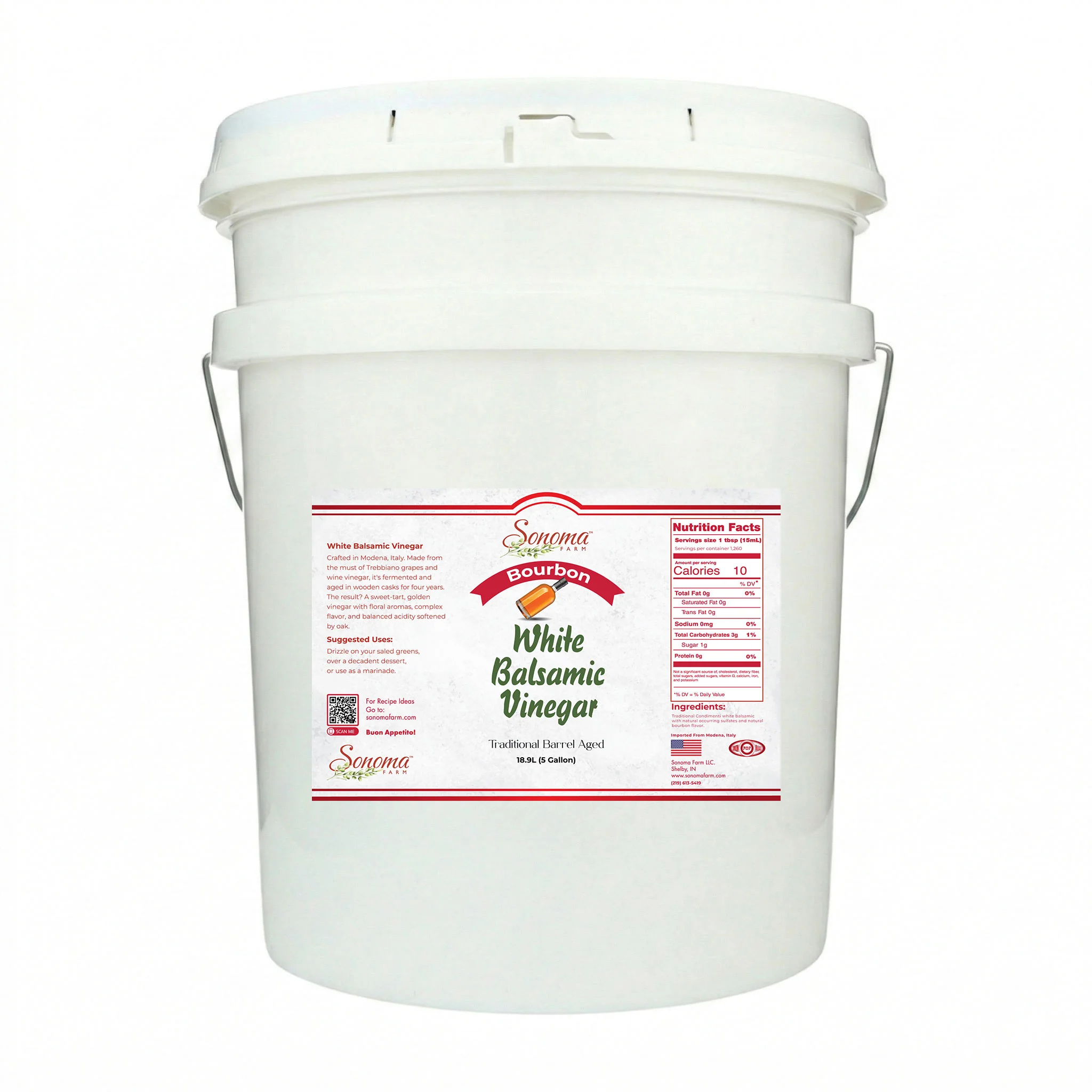 5 gallon container of Bourbon Infused White Balsamic Vinegar Glaze from Sonoma Farm