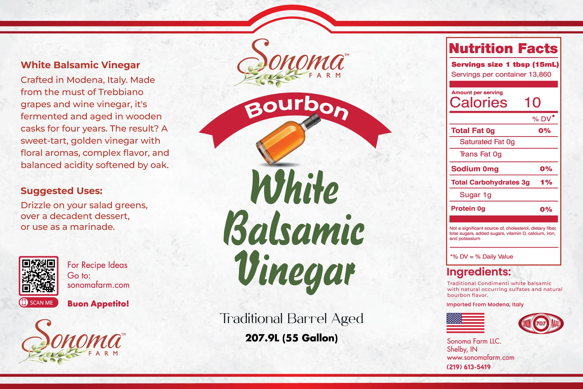Sonoma Farm Bourbon Infused White Balsamic Vinegar product label, barrel aged in Modena Italy