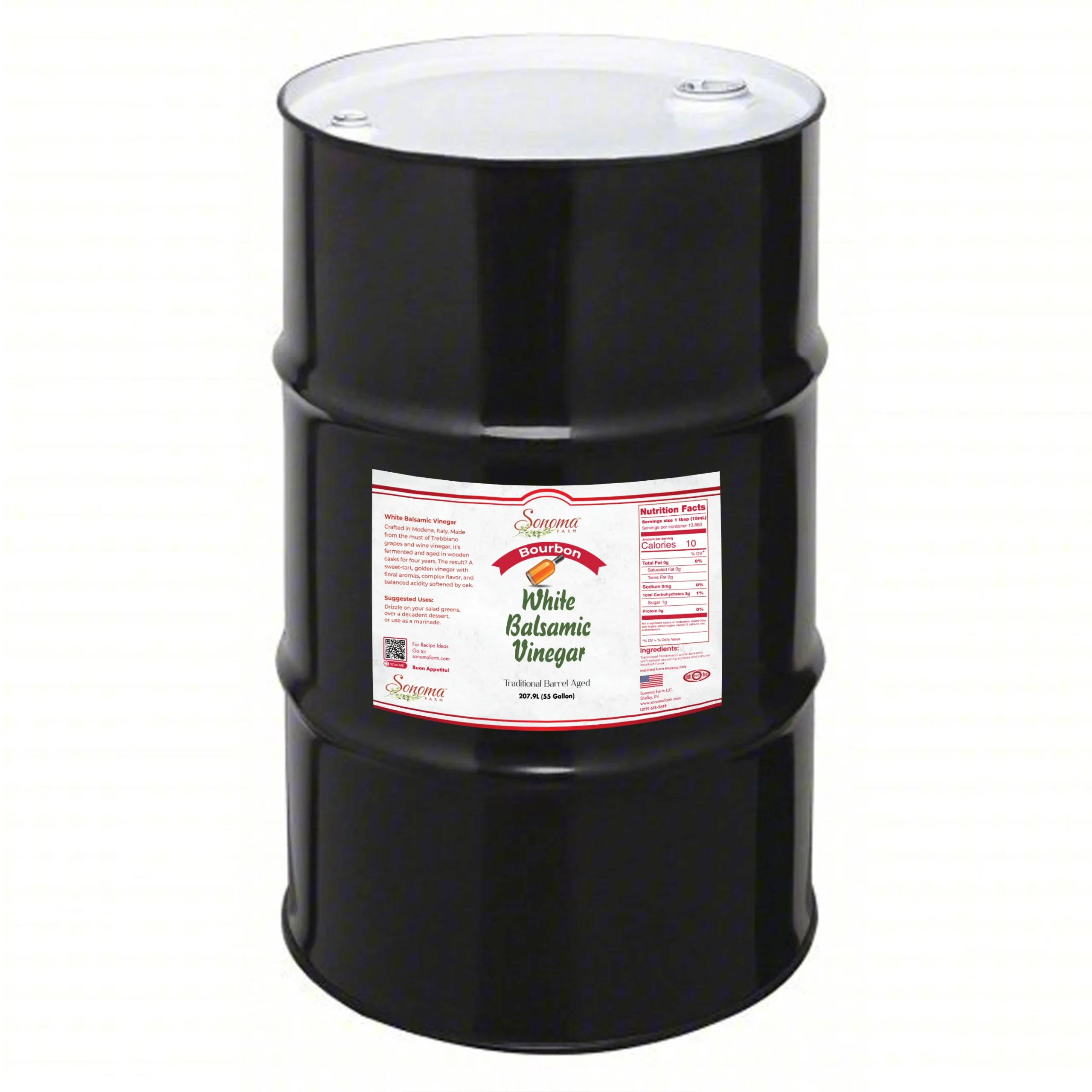55 gallon drum of Bourbon Infused White Balsamic Vinegar from Sonoma Farm