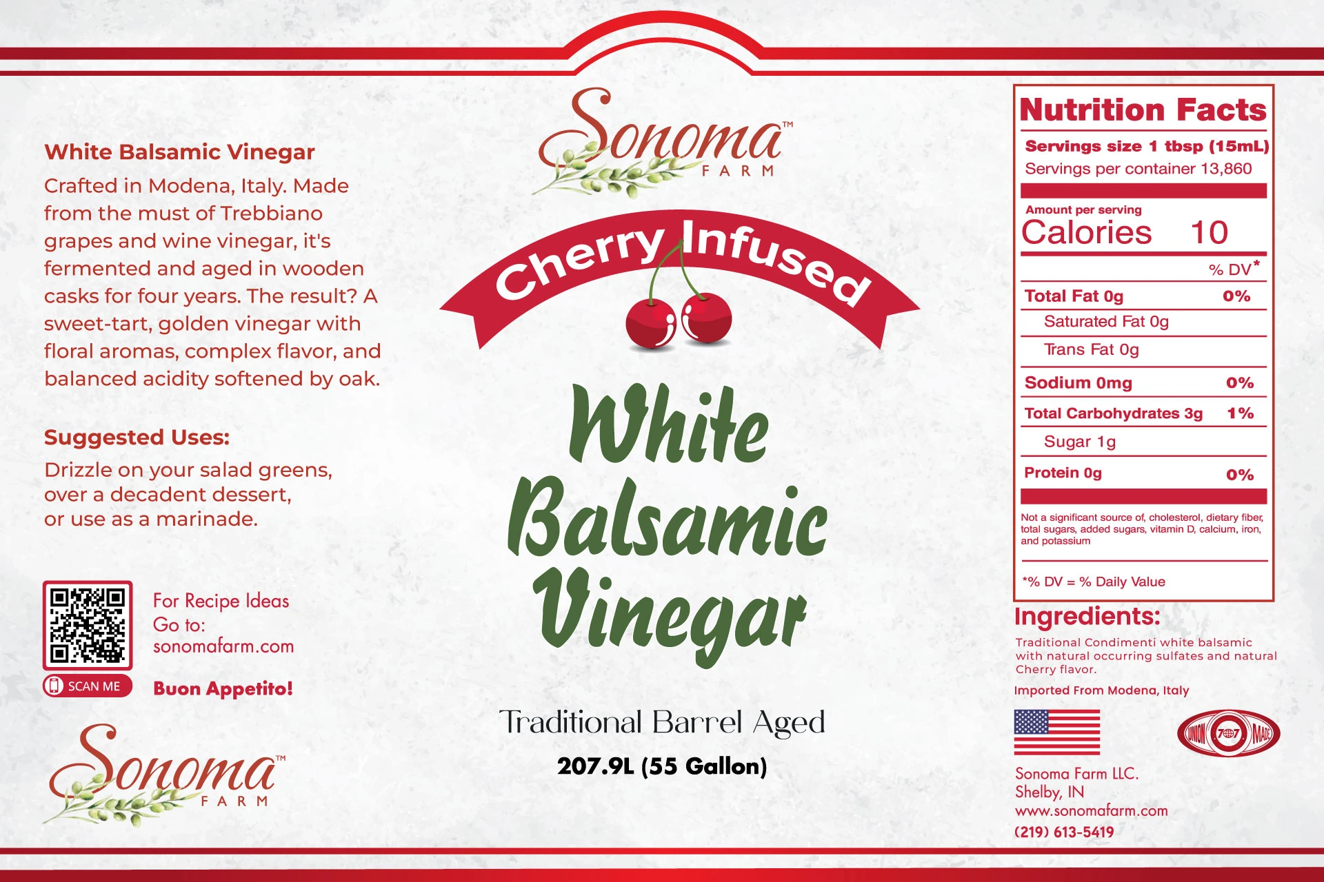 Sonoma Farm Cherry Infused White Balsamic Vinegar product label, barrel aged in Modena Italy