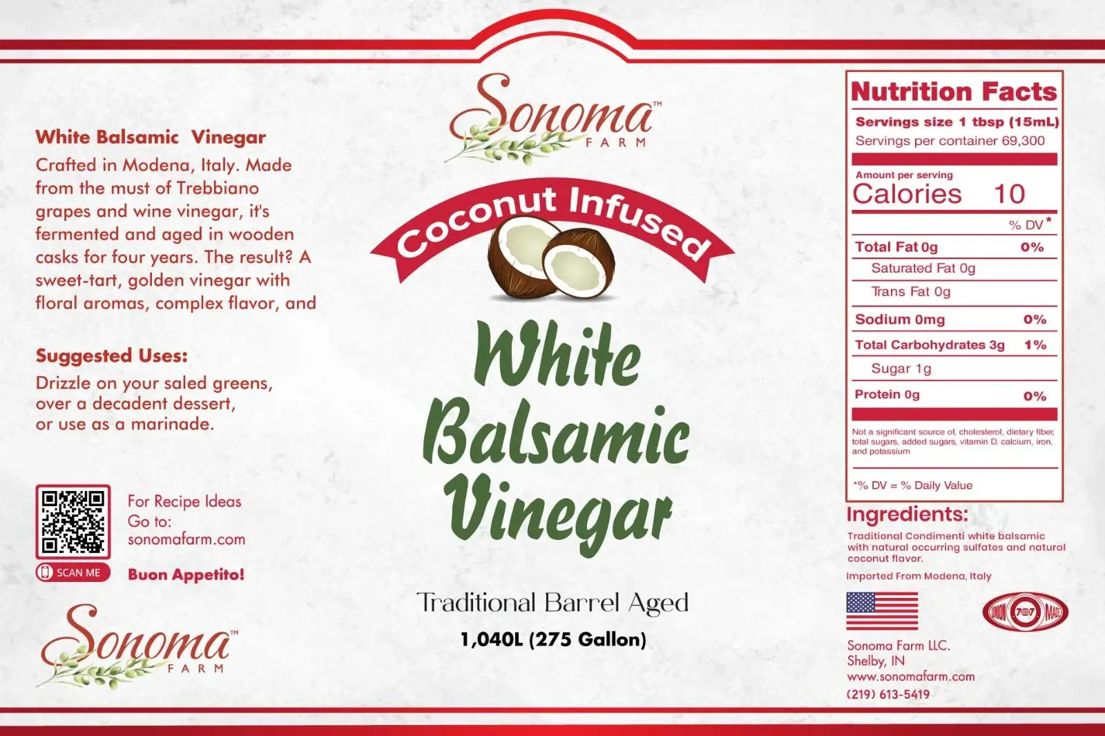 Sonoma Farm Coconut Infused White Balsamic Vinegar product label, barrel aged in Modena Italy