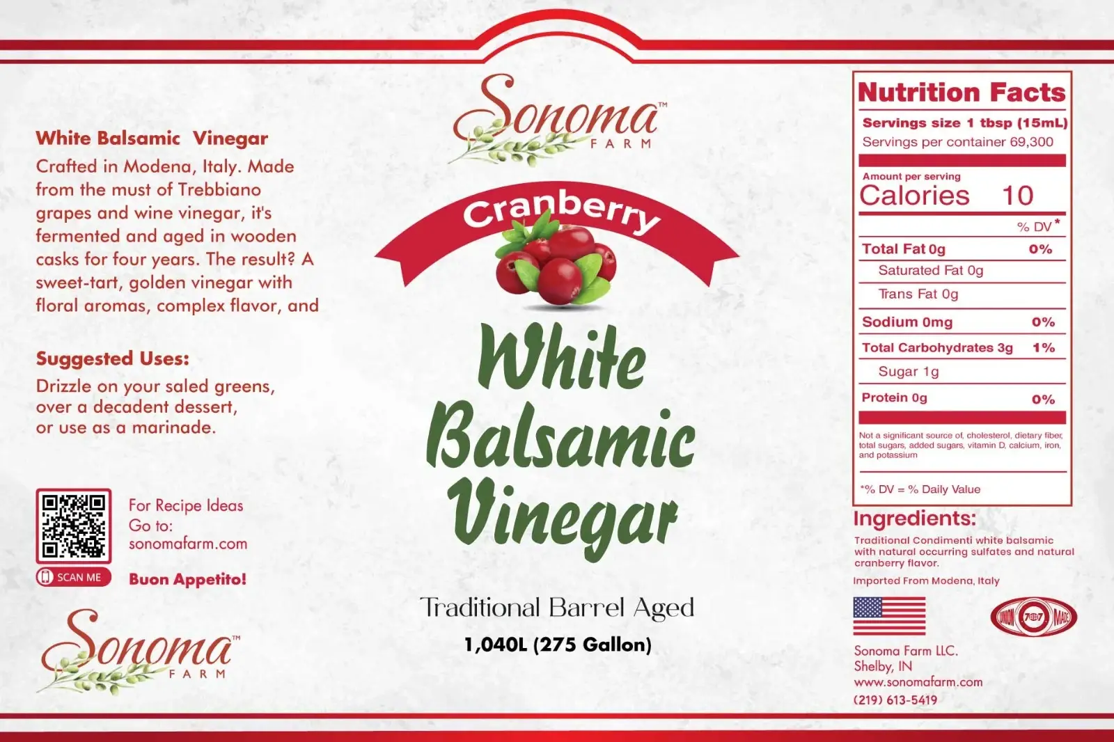 Sonoma Farm Cranberry Infused White Balsamic Vinegar product label, barrel aged in Modena Italy
