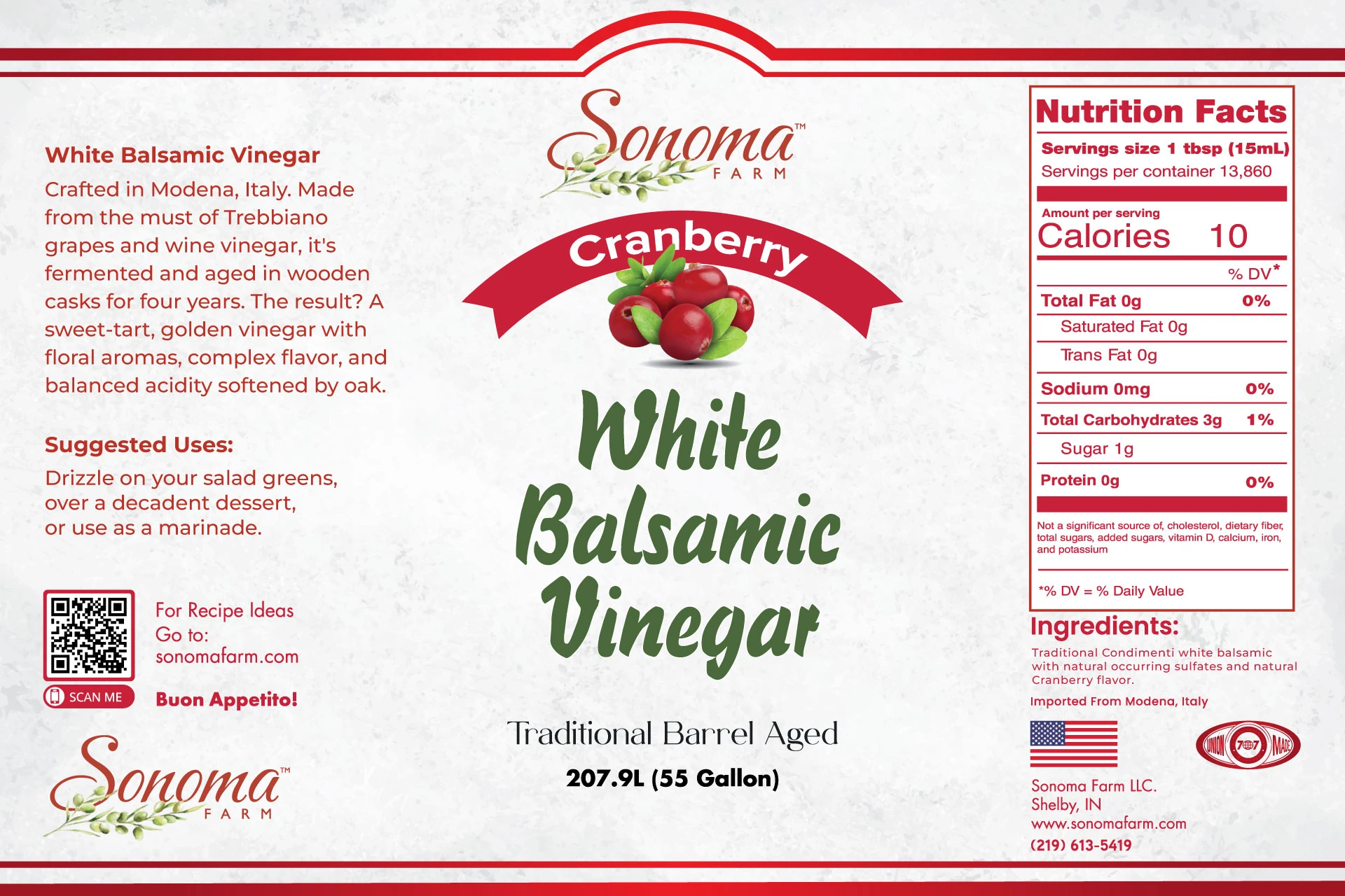Sonoma Farm Cranberry Infused White Balsamic Vinegar product label, barrel aged in Modena Italy