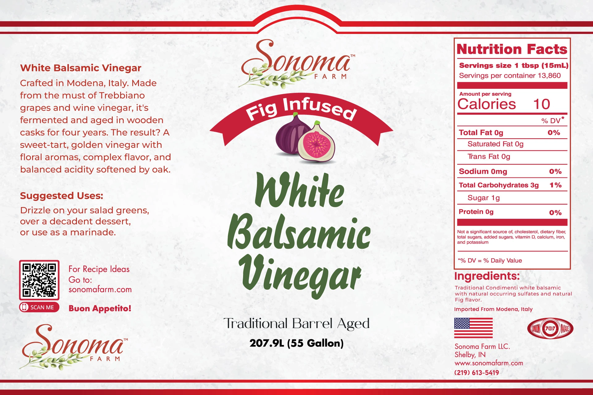 Sonoma Farm Fig Infused White Balsamic Vinegar product label, barrel aged in Modena Italy