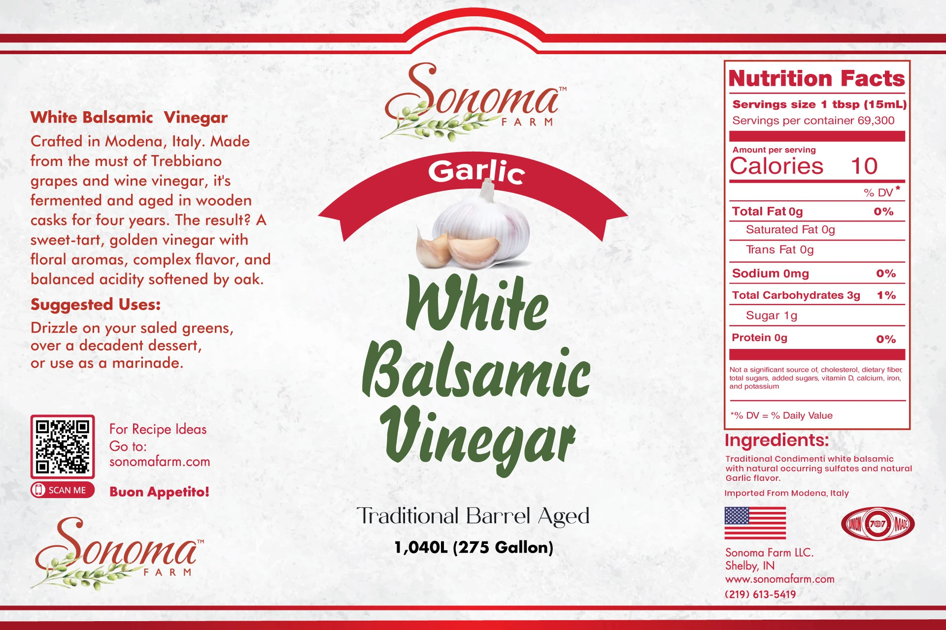 Sonoma Farm Garlic Infused White Balsamic Vinegar product label, barrel aged in Modena Italy