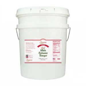 5 gallon container of Garlic Infused White Balsamic Vinegar Glaze from Sonoma Farm