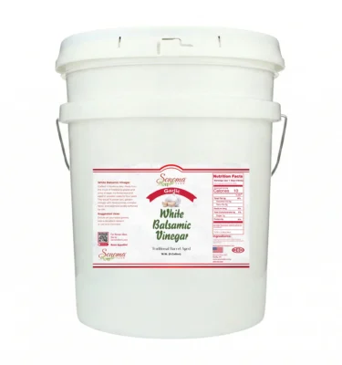 5 gallon container of Garlic Infused White Balsamic Vinegar Glaze from Sonoma Farm