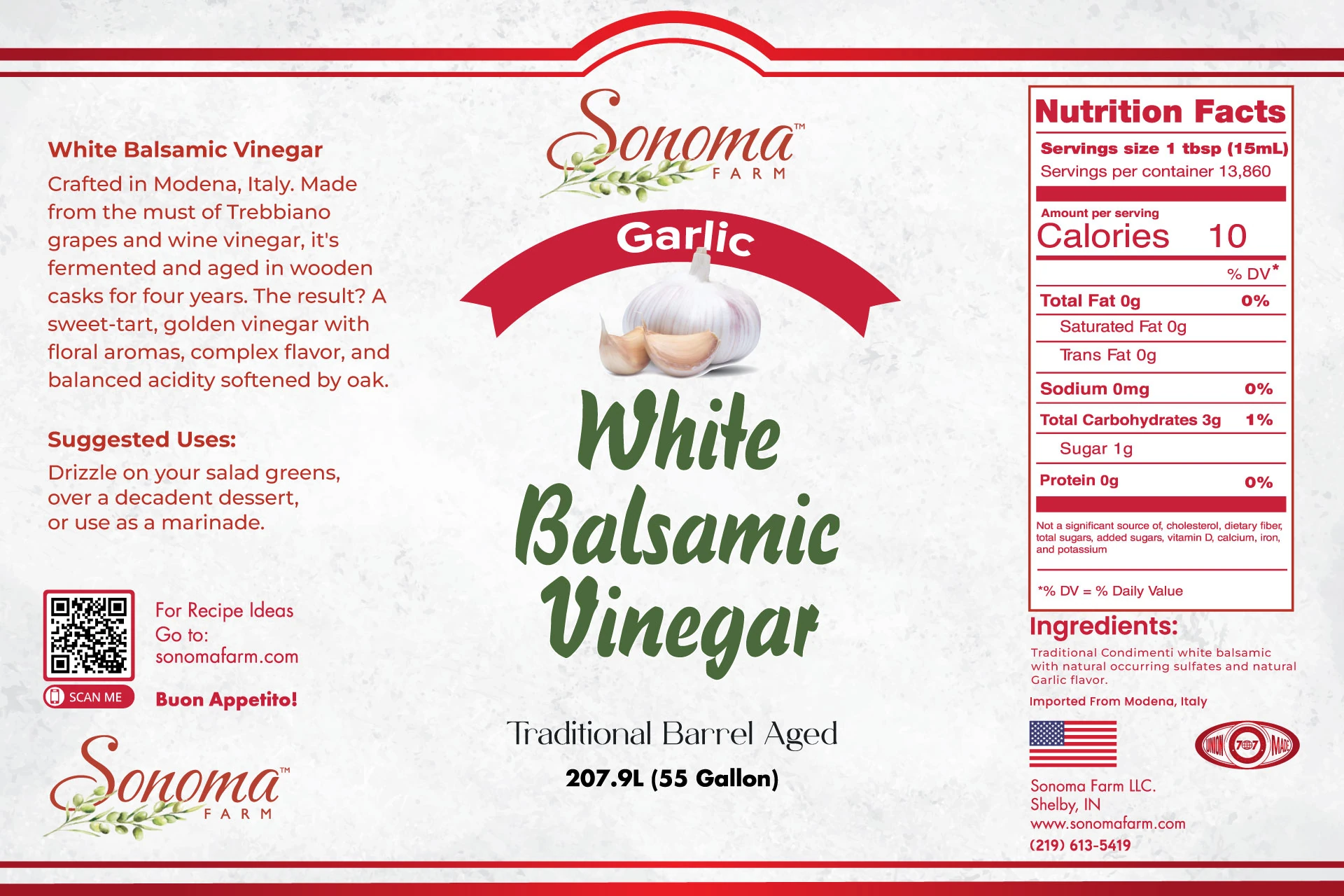Sonoma Farm Garlic Infused White Balsamic Vinegar product label, barrel aged in Modena Italy