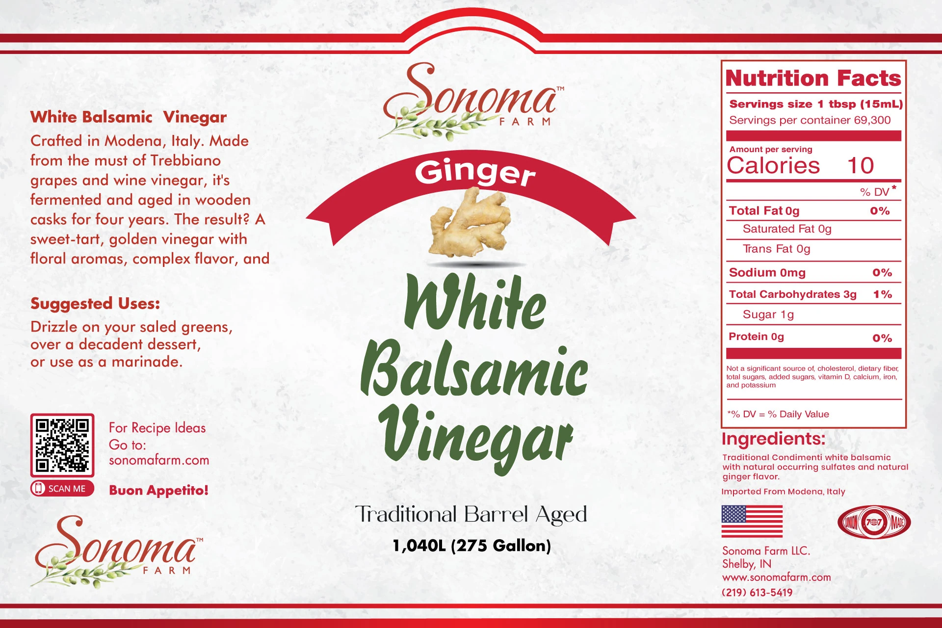 Sonoma Farm Ginger Infused White Balsamic Vinegar product label, barrel aged in Modena Italy