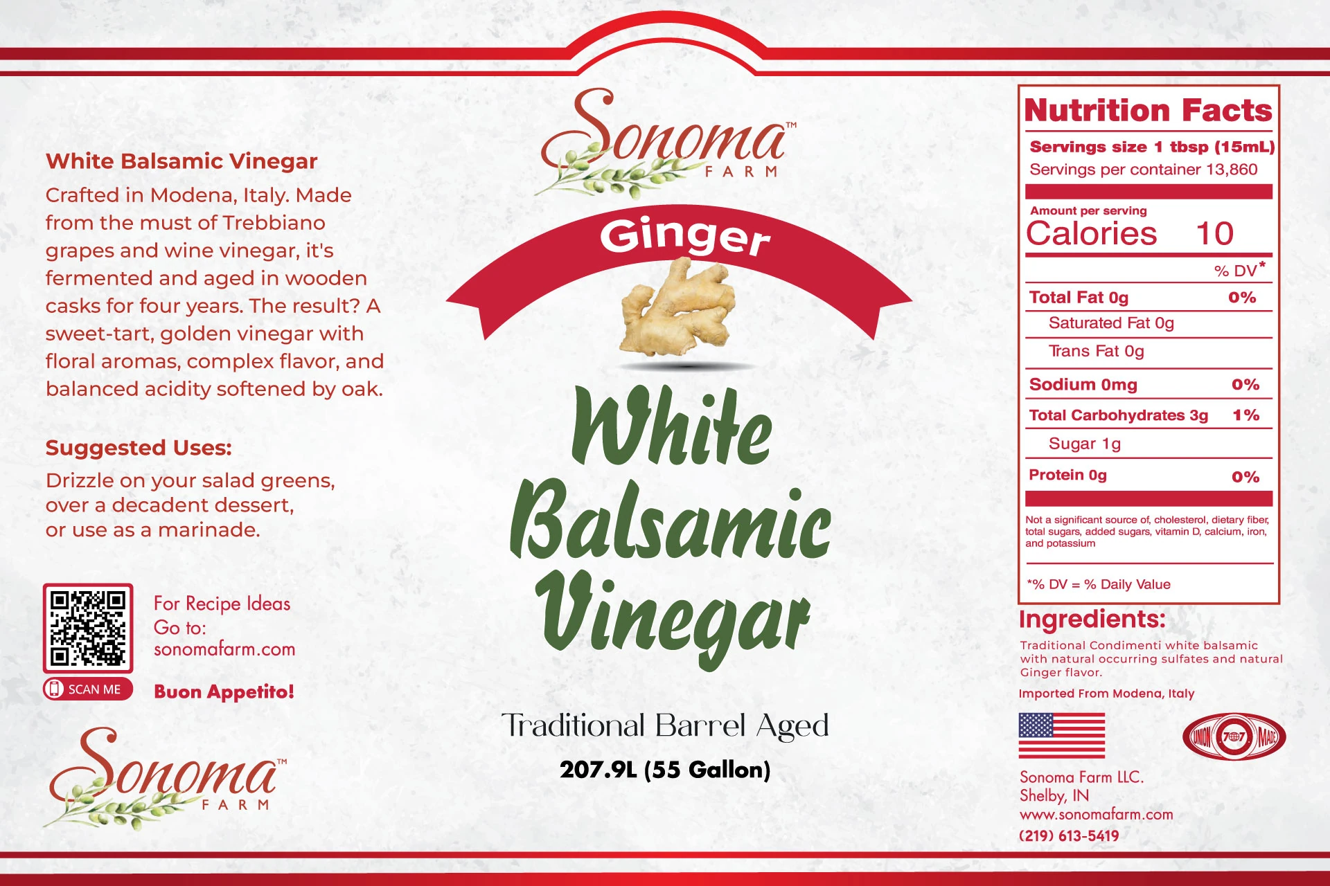 Sonoma Farm Ginger Infused White Balsamic Vinegar product label, barrel aged in Modena Italy
