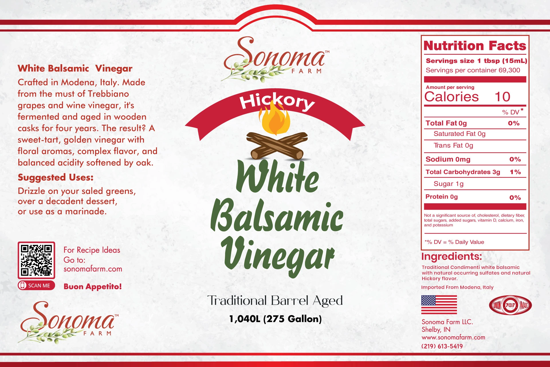 Sonoma Farm Hickory Infused White Balsamic Vinegar product label, barrel aged in Modena Italy