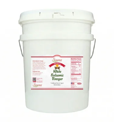 5 gallon container of Hickory Infused White Balsamic Vinegar Glaze from Sonoma Farm