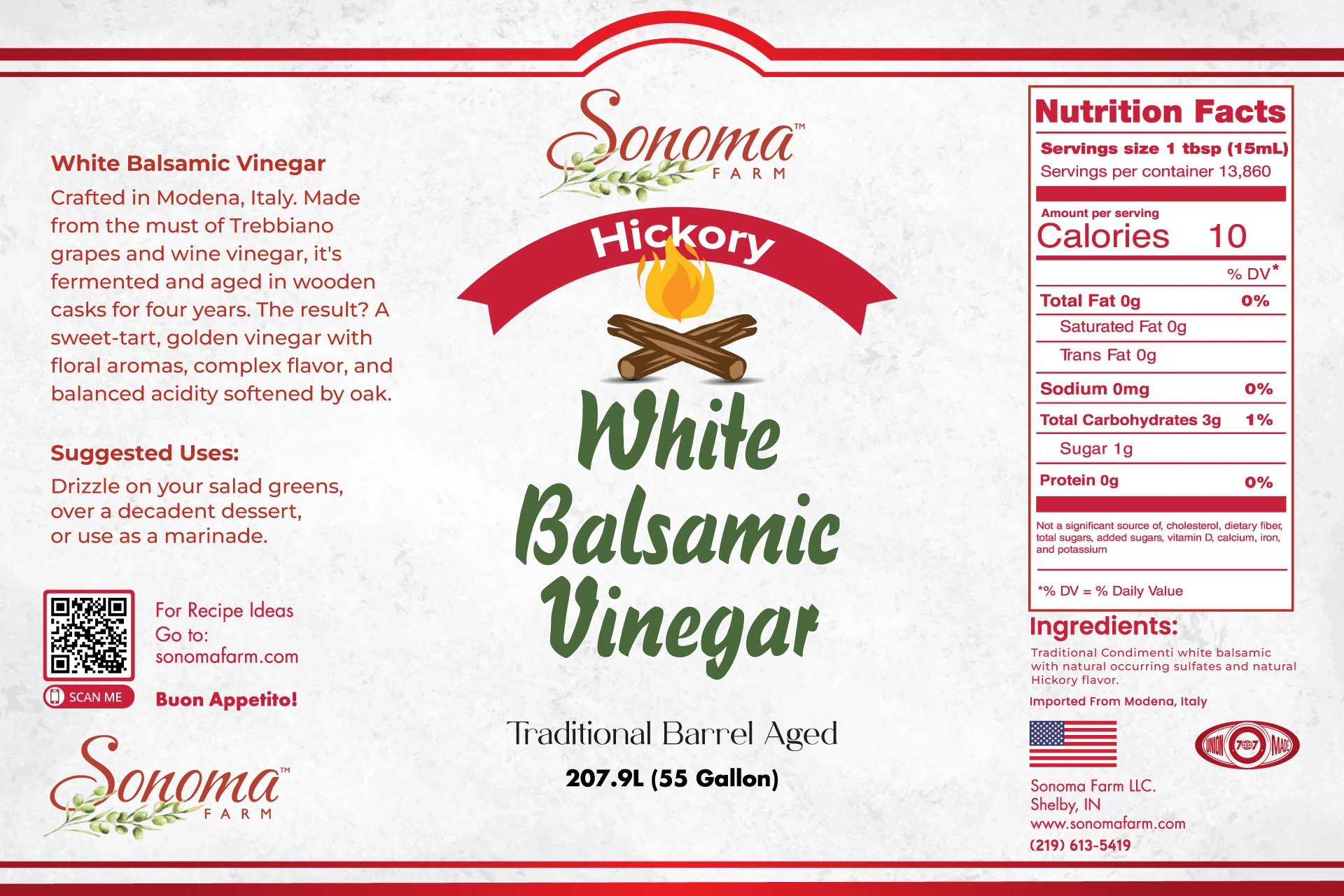 Sonoma Farm Hickory Infused White Balsamic Vinegar product label, barrel aged in Modena Italy