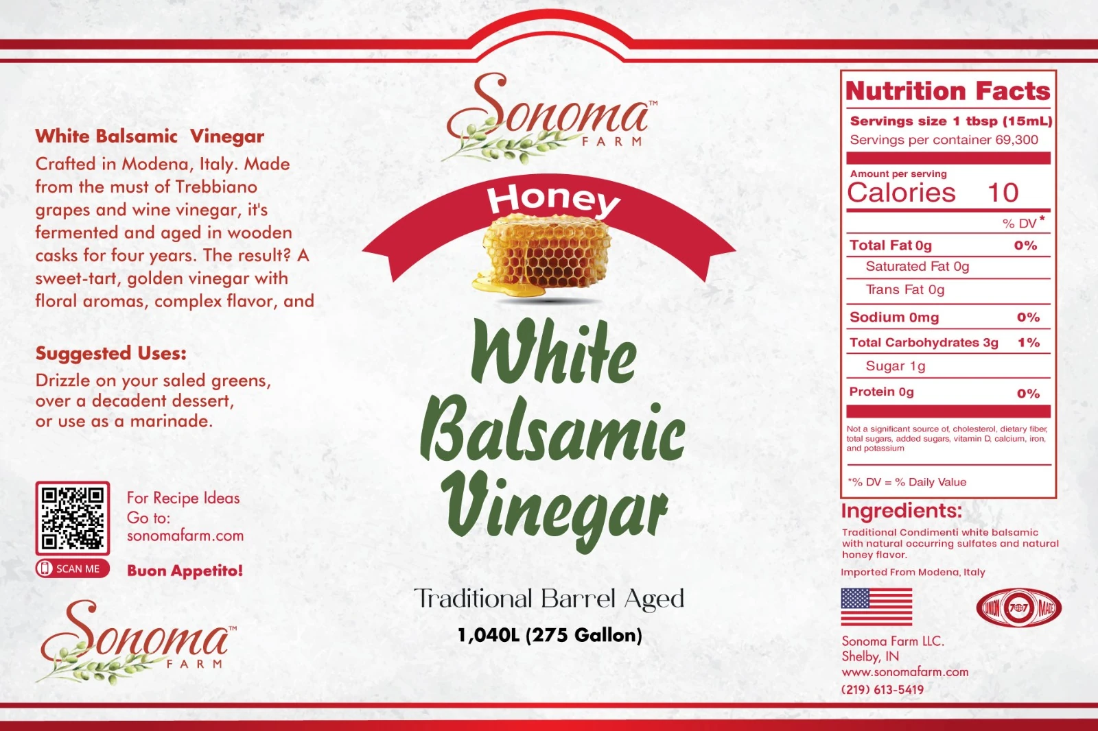 Sonoma Farm Honey Infused White Balsamic Vinegar product label, barrel aged in Modena Italy
