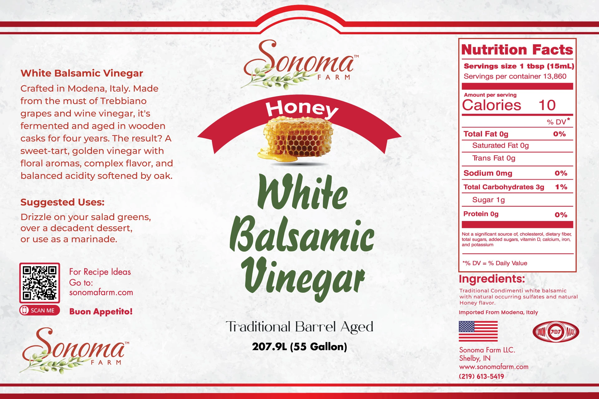 Sonoma Farm Honey Infused White Balsamic Vinegar product label, barrel aged in Modena Italy