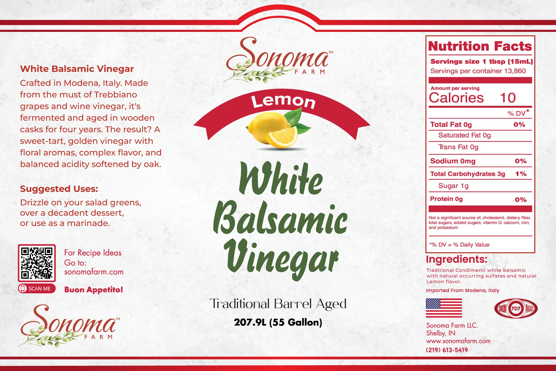 Sonoma Farm Lemon Infused White Balsamic Vinegar product label, barrel aged in Modena Italy