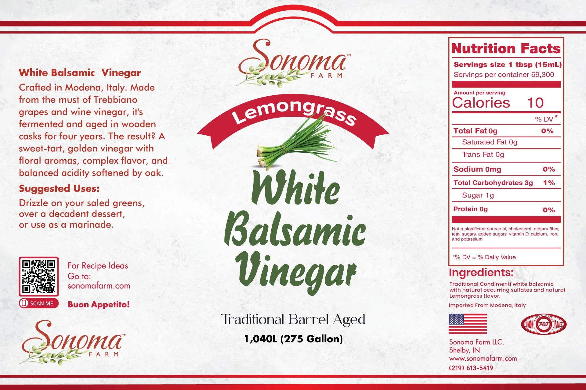 Sonoma Farm Lemongrass Infused White Balsamic Vinegar product label, barrel aged in Modena Italy