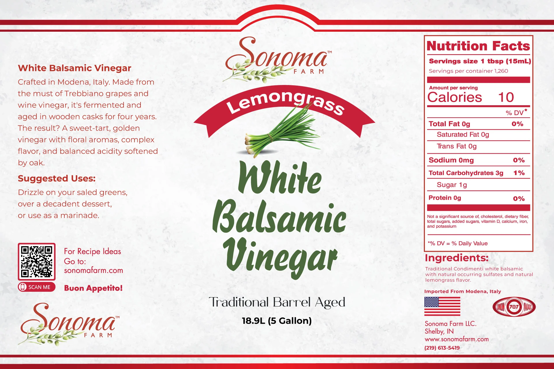 Sonoma Farm Lemongrass Infused White Balsamic Vinegar Glaze product label, reduced in Modena Italy