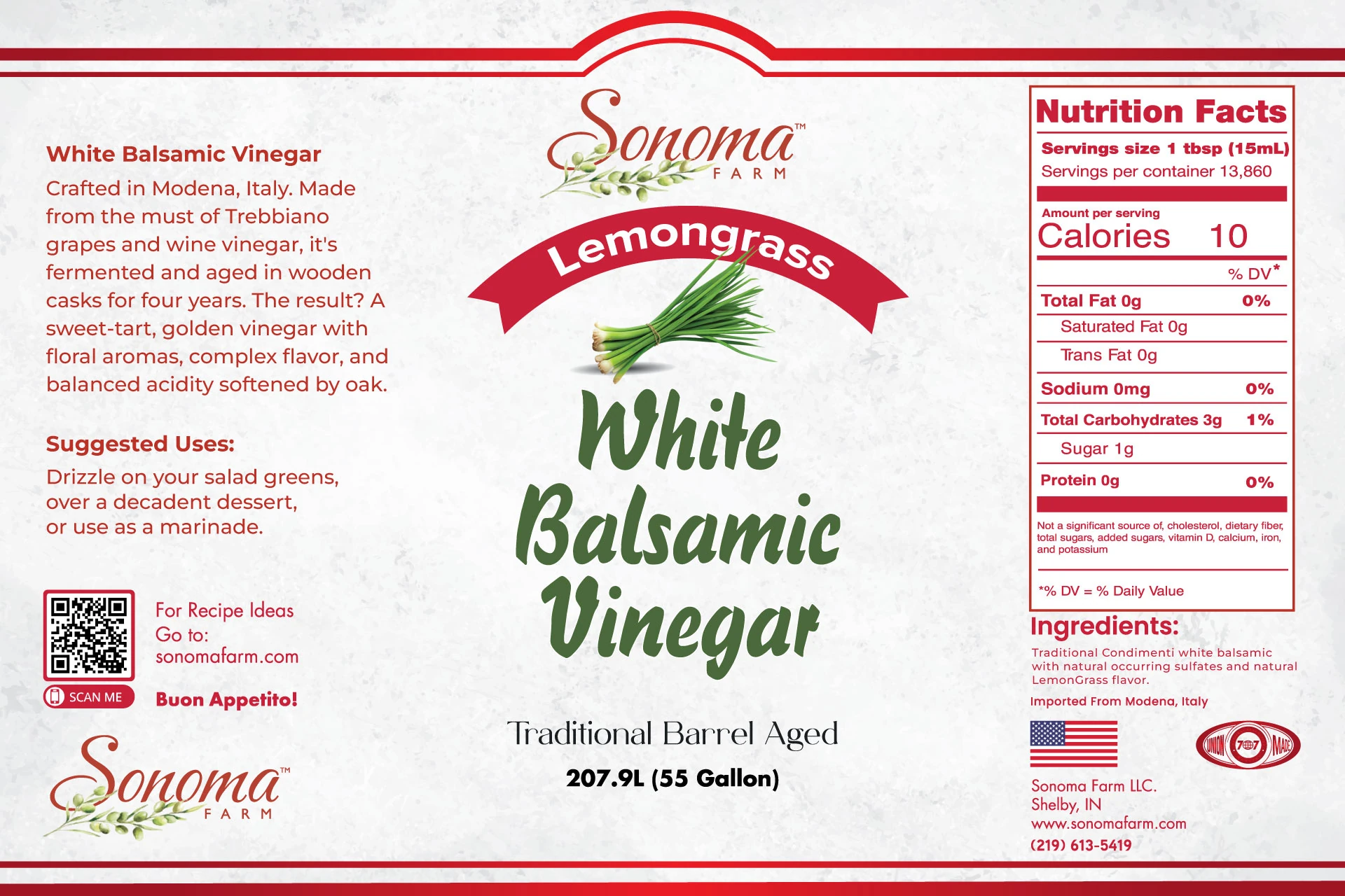 Sonoma Farm Lemongrass Infused White Balsamic Vinegar product label, barrel aged in Modena Italy