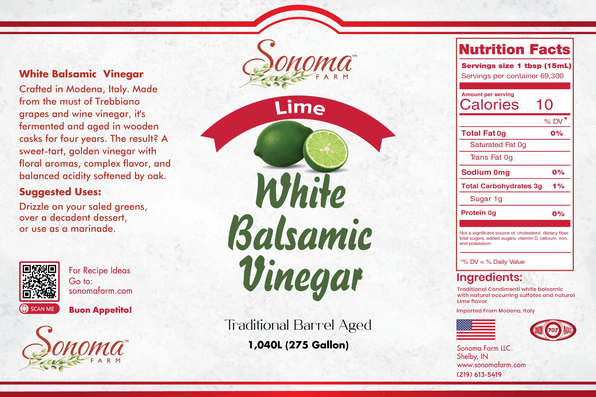 Sonoma Farm Lime Infused White Balsamic Vinegar product label, barrel aged in Modena Italy