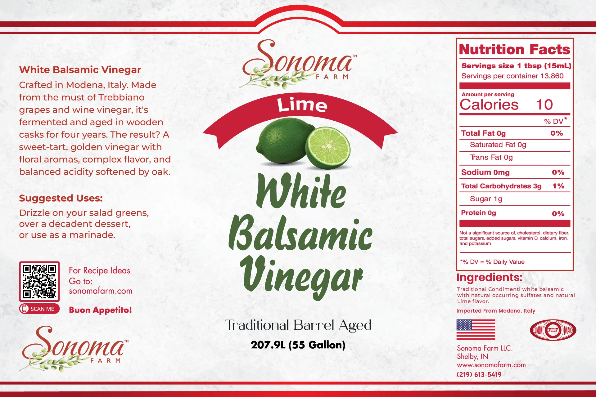 Sonoma Farm Lime Infused White Balsamic Vinegar product label, barrel aged in Modena Italy
