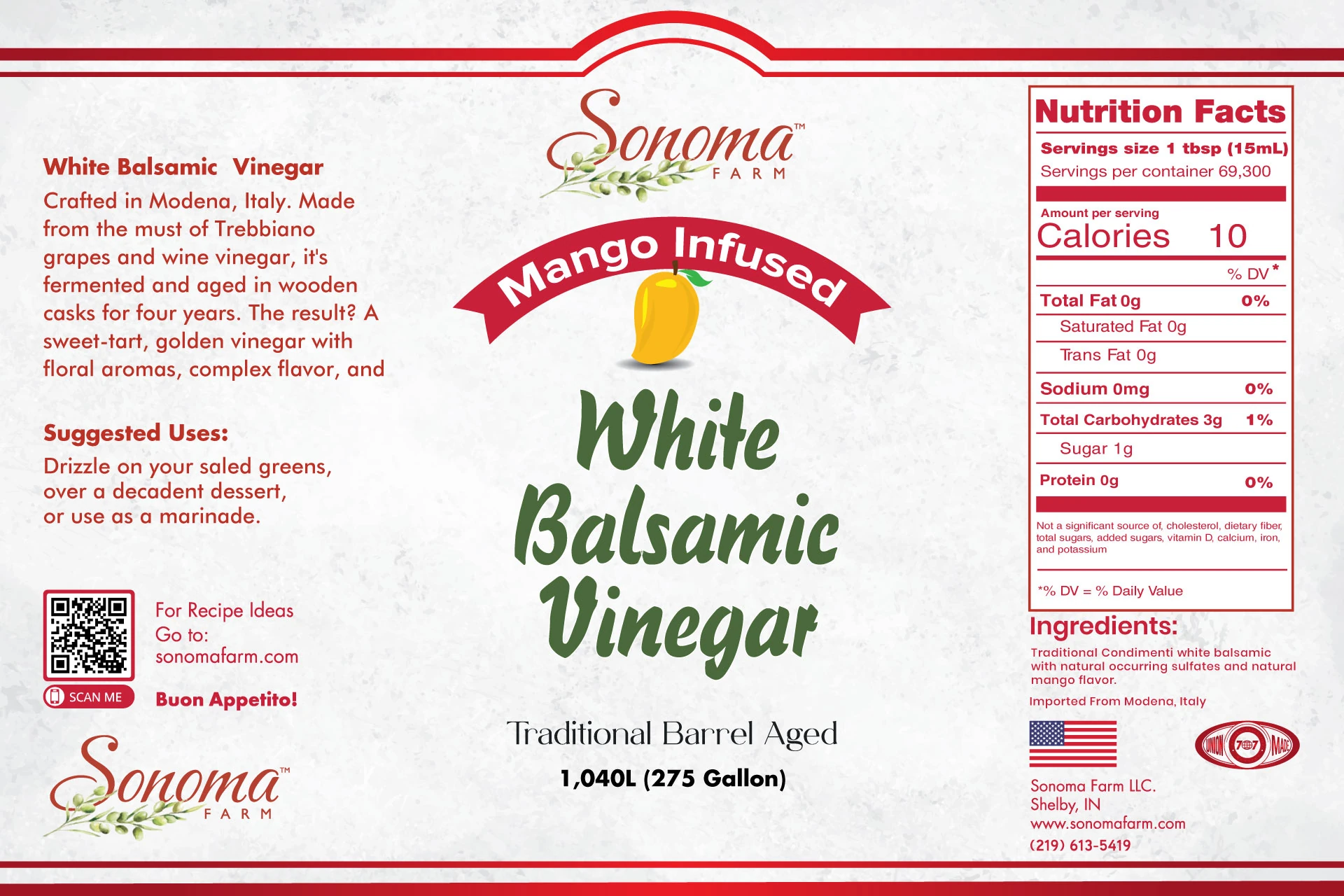 Sonoma Farm Mango Infused White Balsamic Vinegar product label, barrel aged in Modena Italy