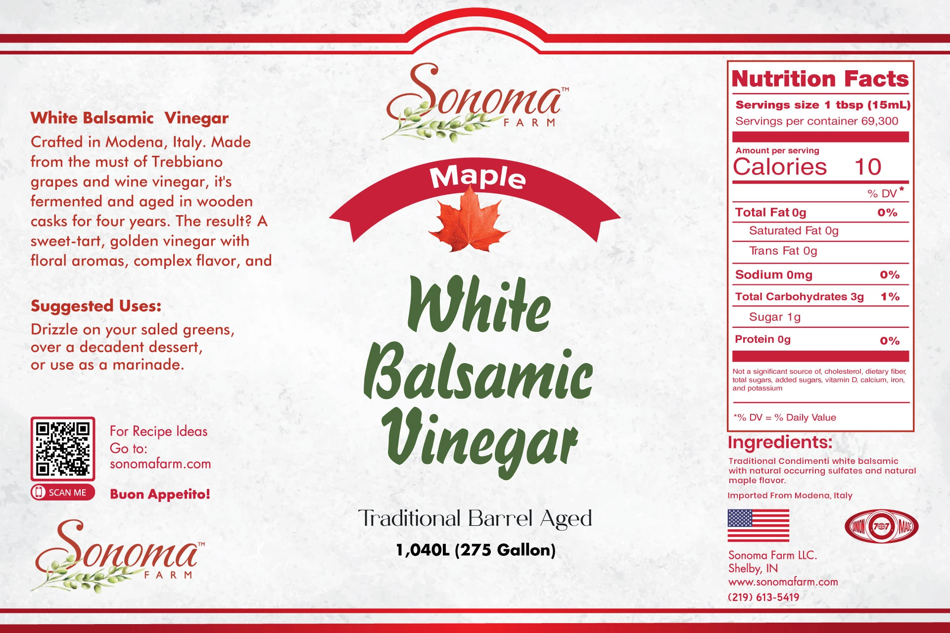 Sonoma Farm Maple Infused White Balsamic Vinegar product label, barrel aged in Modena Italy