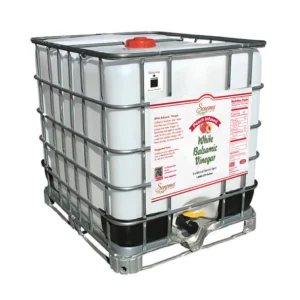 275 gallon industrial tote of Peach Infused White Balsamic Vinegar from Sonoma Farm