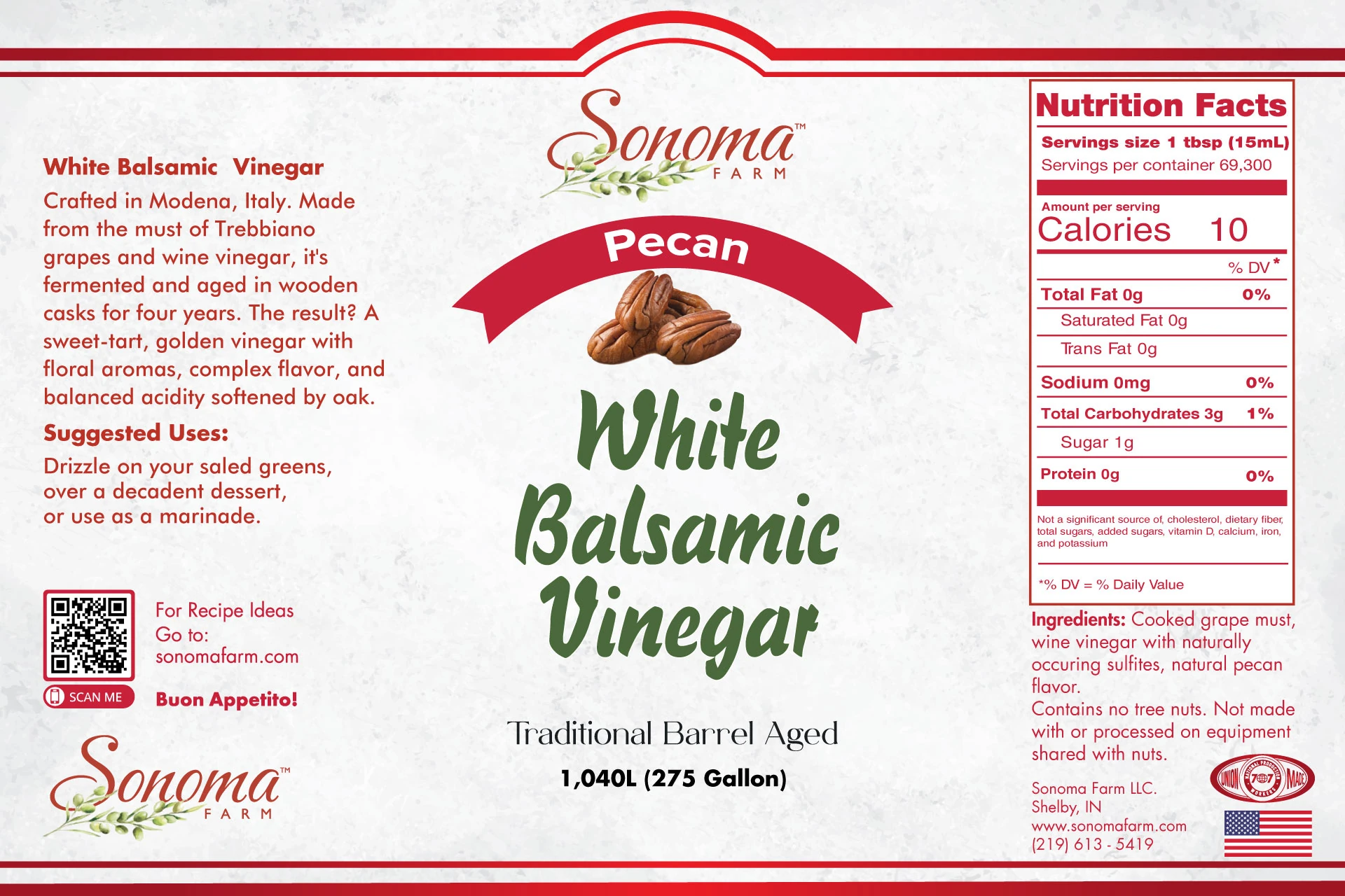 Sonoma Farm Pecan Infused White Balsamic Vinegar product label, barrel aged in Modena Italy