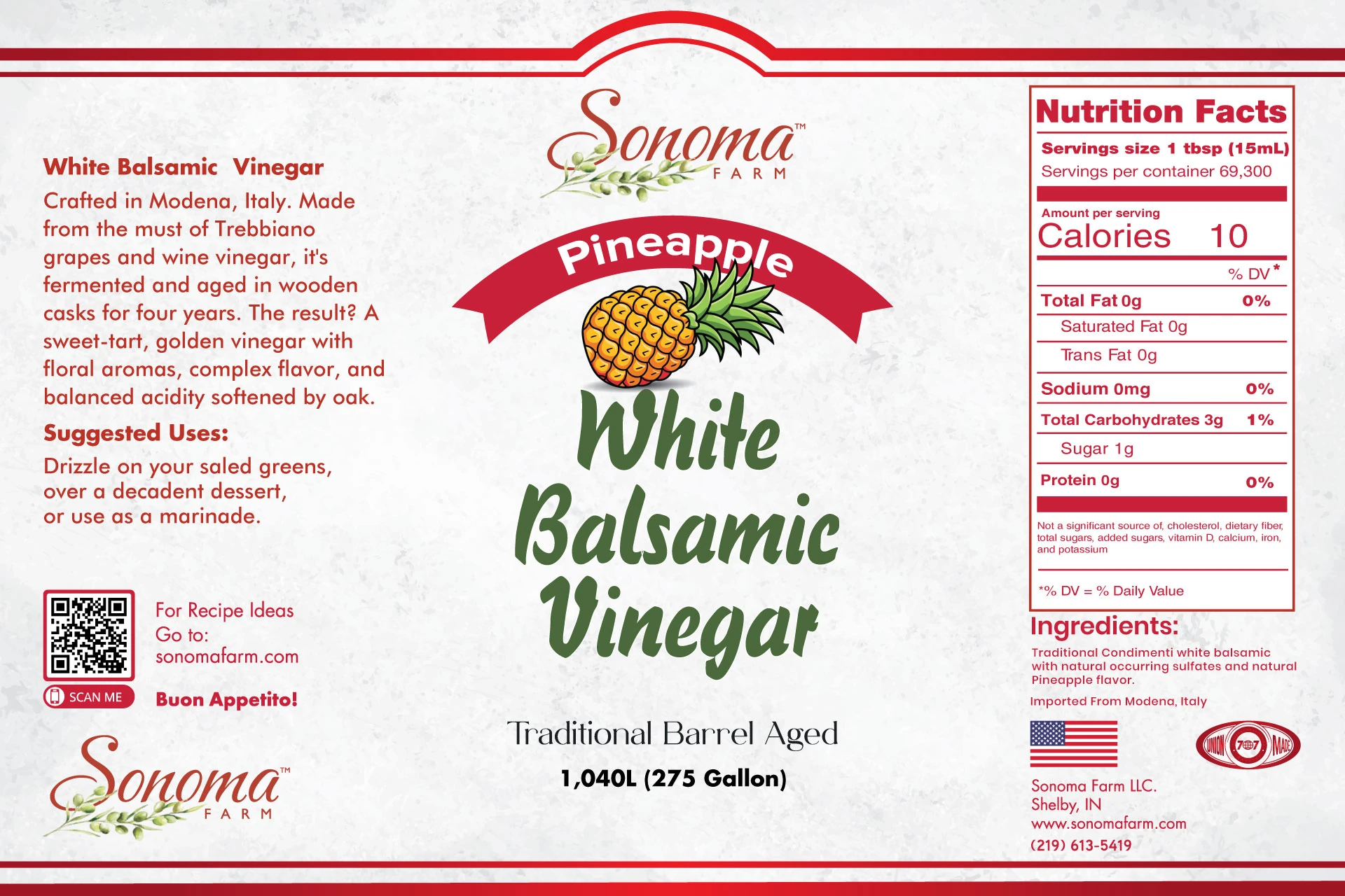 Sonoma Farm Pineapple Infused White Balsamic Vinegar product label, barrel aged in Modena Italy