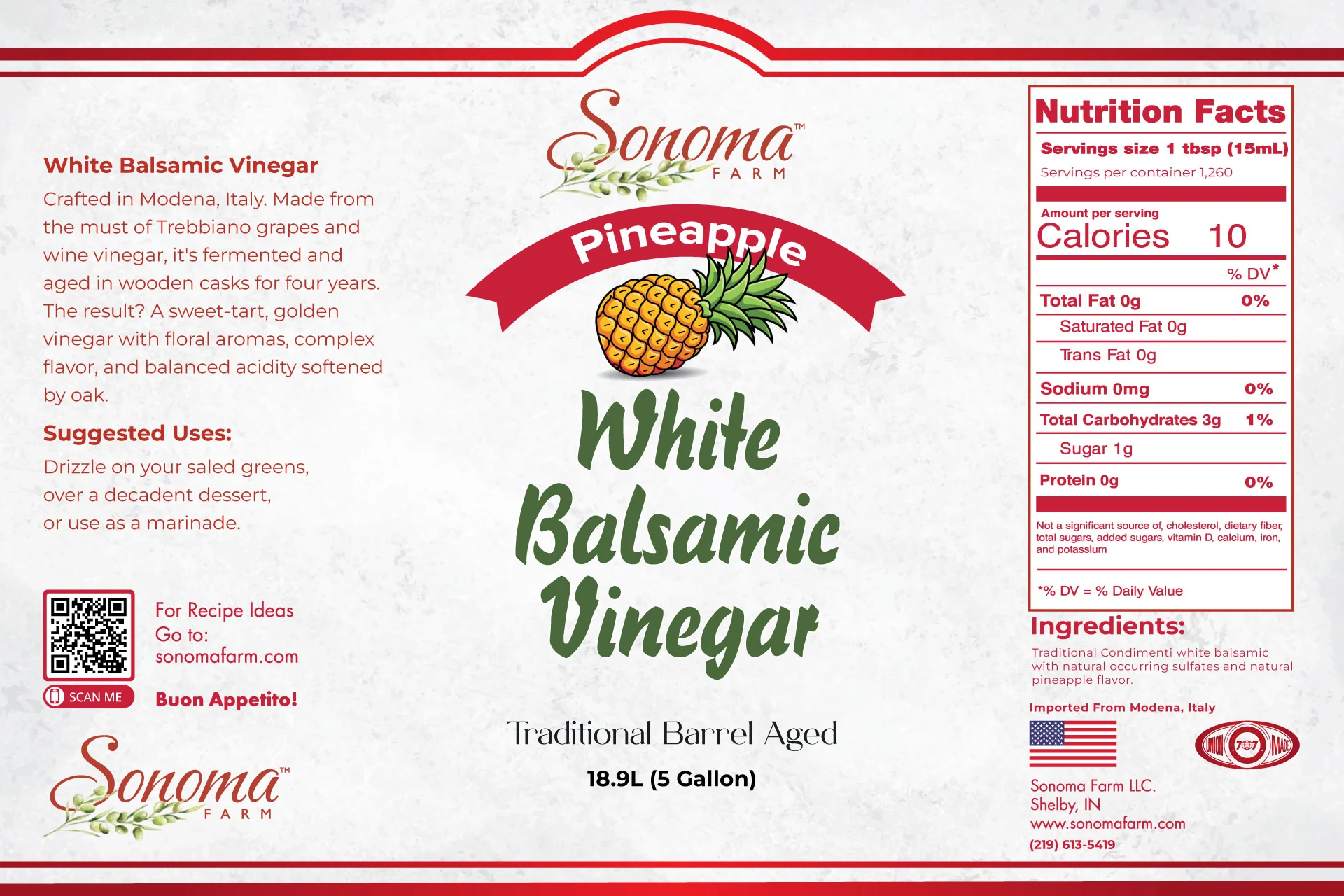 Sonoma Farm Pineapple Infused White Balsamic Vinegar Glaze product label, reduced in Modena Italy