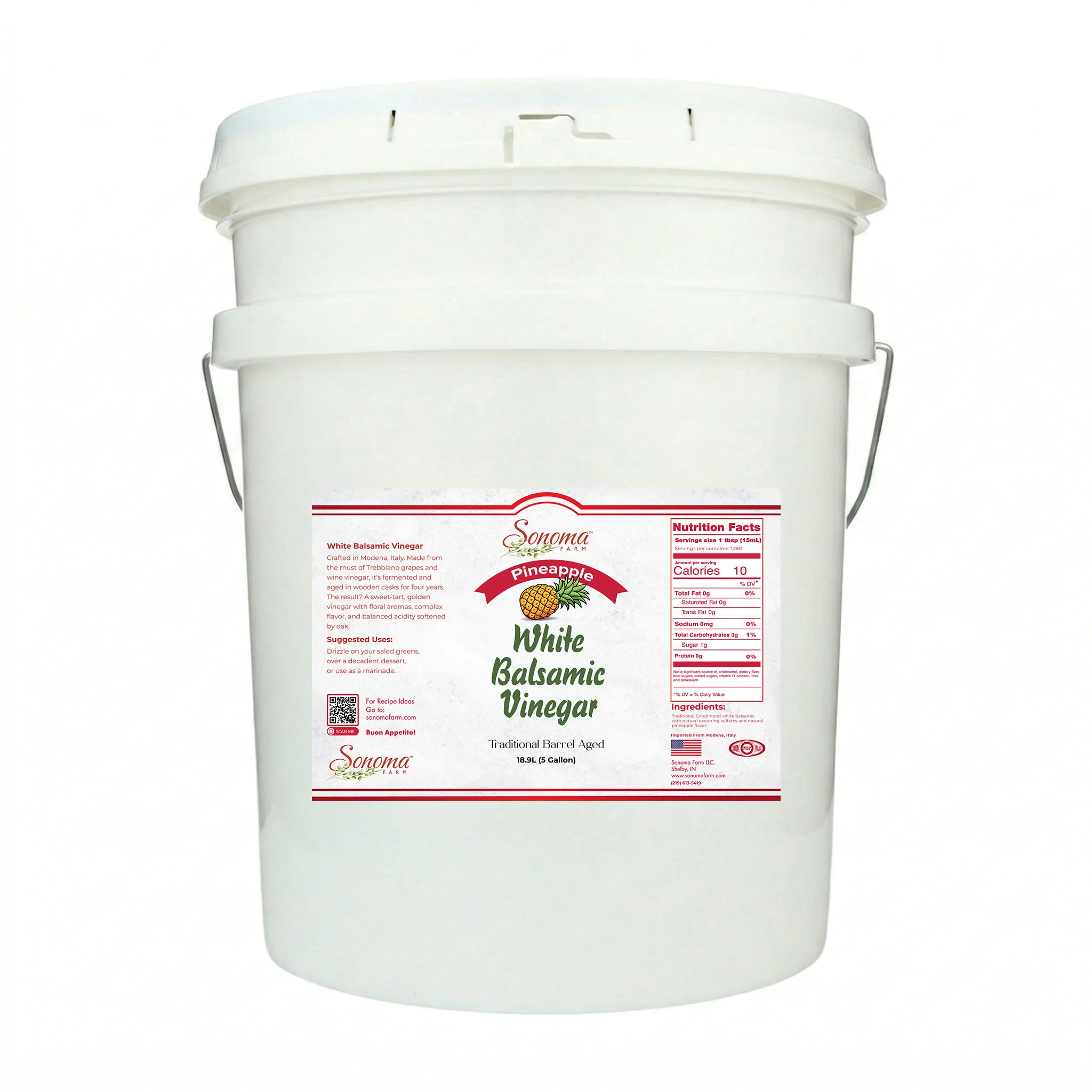 5 gallon container of Pineapple Infused White Balsamic Vinegar Glaze from Sonoma Farm