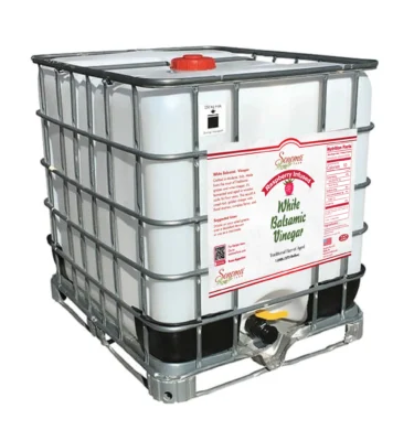 275 gallon industrial tote of Raspberry Infused White Balsamic Vinegar from Sonoma Farm