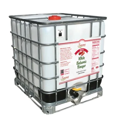 275 gallon industrial tote of Spicy Infused White Balsamic Vinegar from Sonoma Farm
